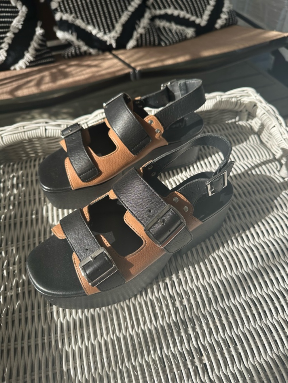 Free People Two-Tone Black and Tan Platform Buckle Sandals - Picture 3 of 4